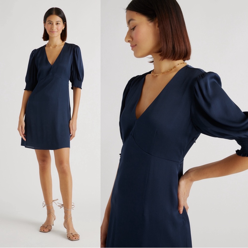 Quince Washable Stretch Silk Puff Sleeve Mini Dress Navy Blue V Neck